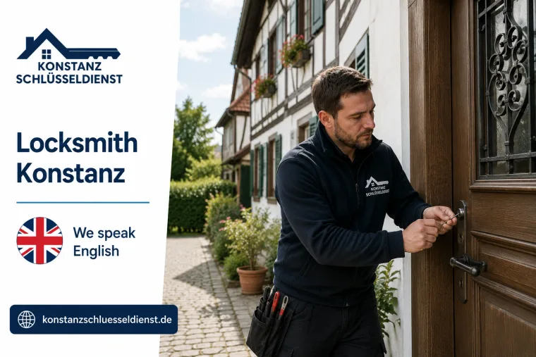 English-speaking locksmith in Konstanz opening the lock of a traditional wooden front door in a half-timbered old town street