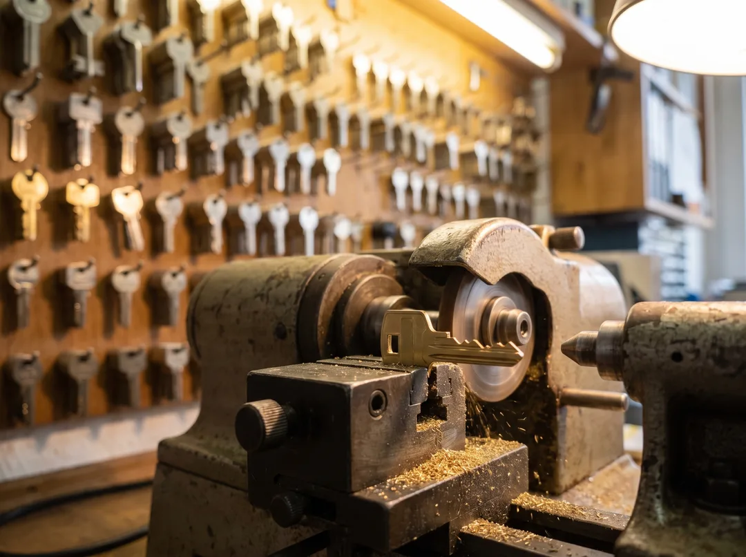 Schlüsselfräsmaschine beim Nachmachen eines Schlüssels, im Hintergrund eine Wand mit Schlüsselrohlingen