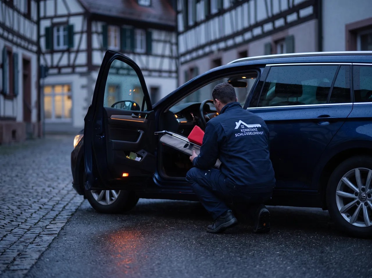 Fahrzeugöffnung in Konstanz: Techniker verstaut Luftkeil und Reichstange am geöffneten Auto in der blauen Stunde