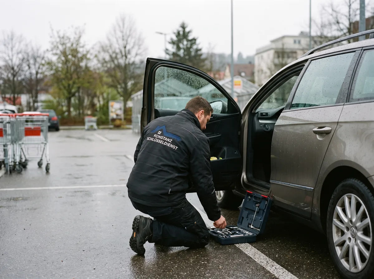 Fahrzeugöffnung auf einem Supermarktparkplatz in Konstanz: Monteur verstaut sein Werkzeug am geöffneten Auto