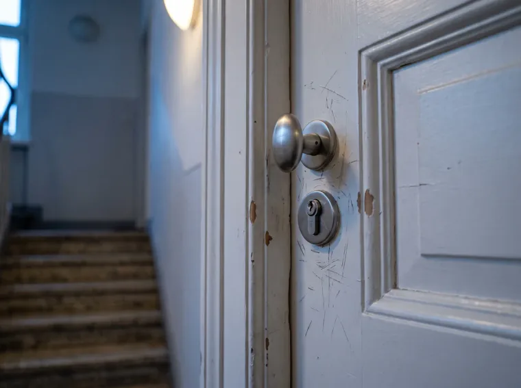 Weiß lackierte Wohnungstür im nächtlichen Treppenhaus: frische Kratzspuren rund um Profilzylinder und Türknauf nach eigenen Öffnungsversuchen