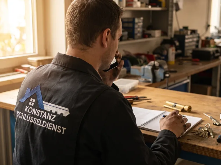 Inhaber des Konstanzer Schlüsseldienstes nimmt in der Werkstatt selbst den Telefonanruf entgegen und macht sich Notizen