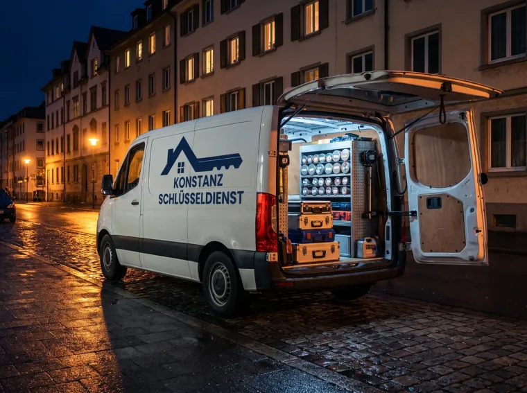 Servicefahrzeug des Konstanzer Schlüsseldienstes nachts an einer nassen Straße, Heckklappen offen mit sortierten Werkzeugkoffern