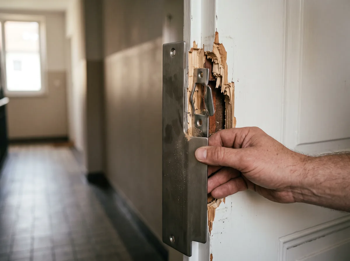 Beschädigte Türzarge nach einem Einbruchversuch: verbogenes Schließblech und gesplittertes Holz werden mit einer Verstärkung ausgemessen