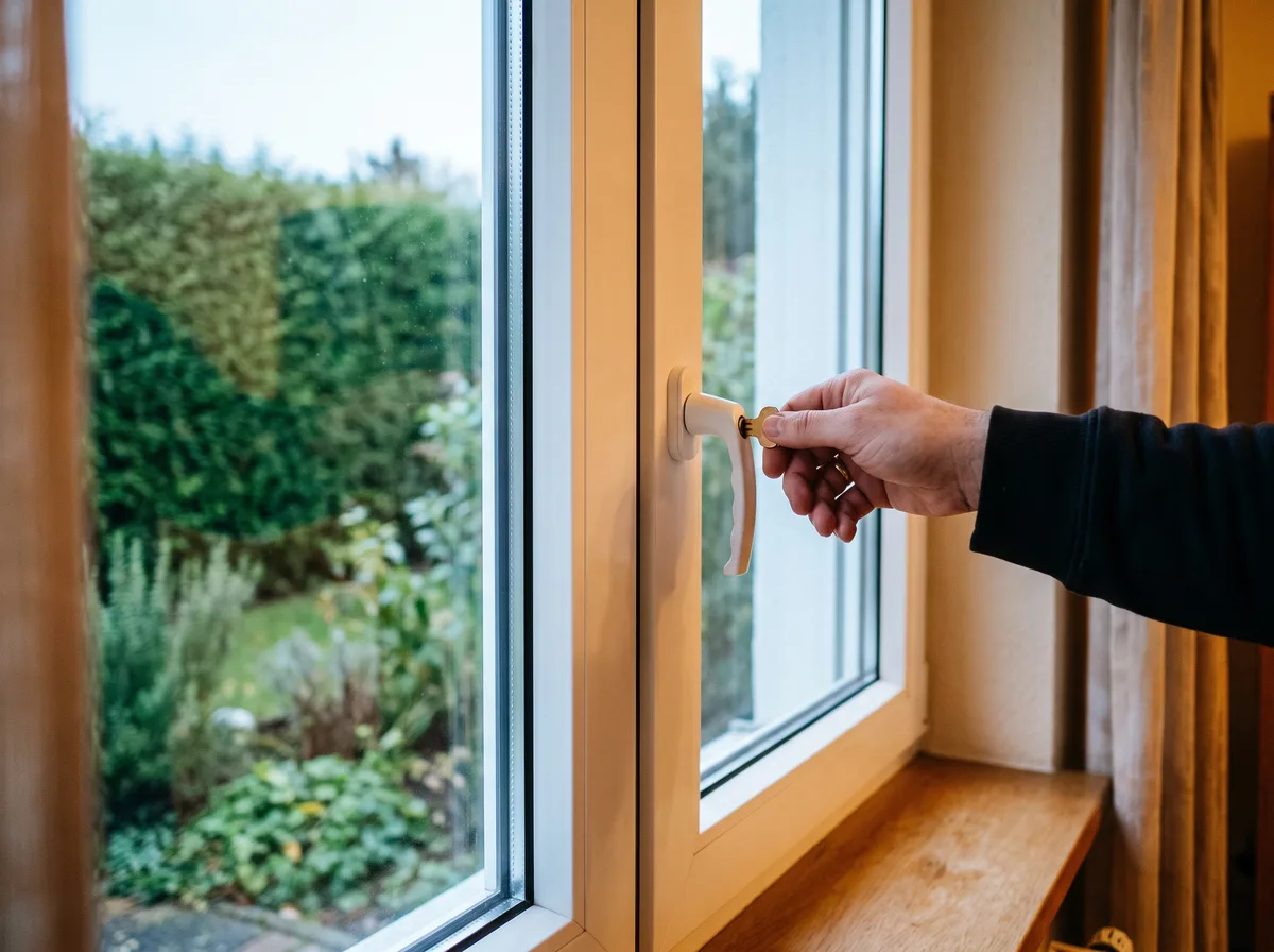 Abschließbarer Fenstergriff im Erdgeschoss wird mit dem kleinen Schlüssel verriegelt, dahinter der Garten