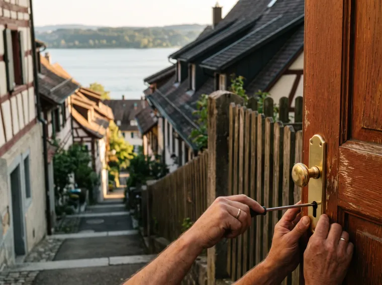 Hanglage in Konstanz-Allmannsdorf mit Blick auf den See, an einer Haustür wird ein neuer Sicherheitsbeschlag montiert