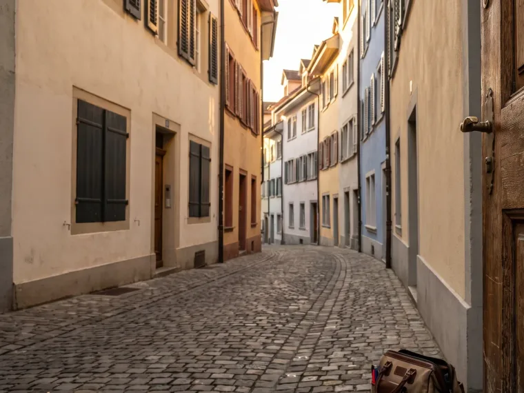 Enge Kopfsteinpflastergasse in der Konstanzer Altstadt, davor eine alte Holztür und die abgestellte Werkzeugtasche des Schlüsseldienstes