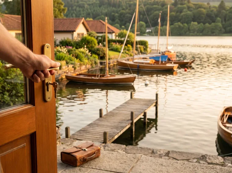 Kleiner Hafen in Wallhausen am Bodensee, im Vordergrund die geöffnete Tür einer Ferienwohnung mit Werkzeugkoffer
