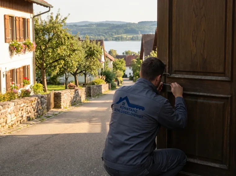 Monteur öffnet in Konstanz-Dingelsdorf schonend eine zugefallene Haustür, im Hintergrund die Dorfstraße auf dem Bodanrück