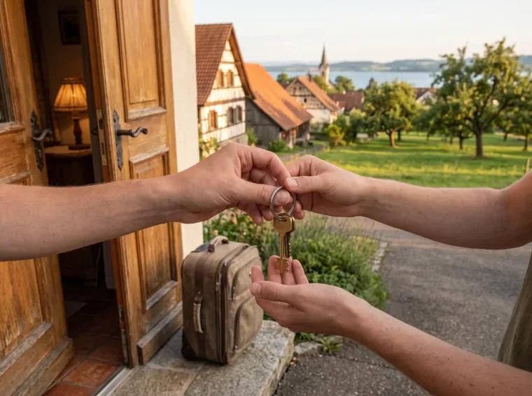 Schlüsselübergabe an der Tür einer Ferienwohnung in Konstanz-Litzelstetten, im Hintergrund Fachwerkhäuser und der Bodensee