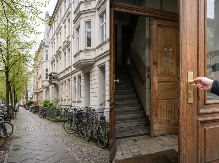 Gründerzeithäuser im Konstanzer Paradies, im offenen Hauseingang wird ein Profilzylinder einer Wohnungstür gewechselt