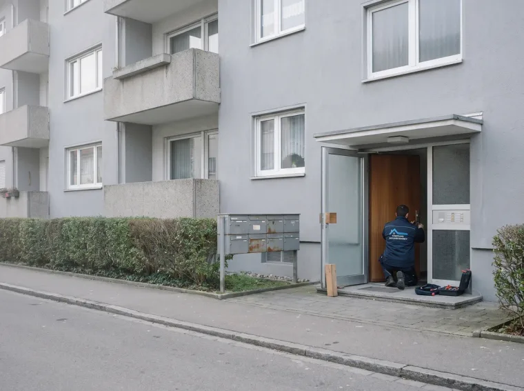 Monteur des Schlüsseldienstes kniet vor einer Wohnungstür im Erdgeschoss eines Mehrfamilienhauses in Petershausen-Ost