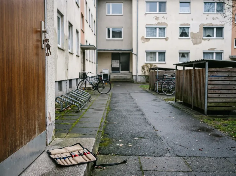 Innenhof zwischen Wohnblocks in Petershausen-West: angelehnte Hauseingangstür mit steckendem Schlüssel und ausgerollter Werkzeugrolle