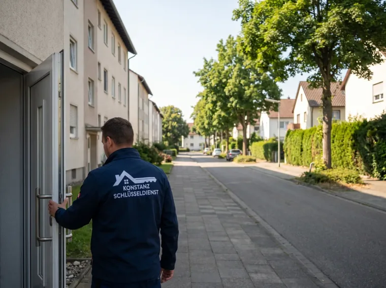 Monteur des Schlüsseldienstes prüft die Haustür eines Mehrfamilienhauses in Konstanz-Wollmatingen nach der Türöffnung