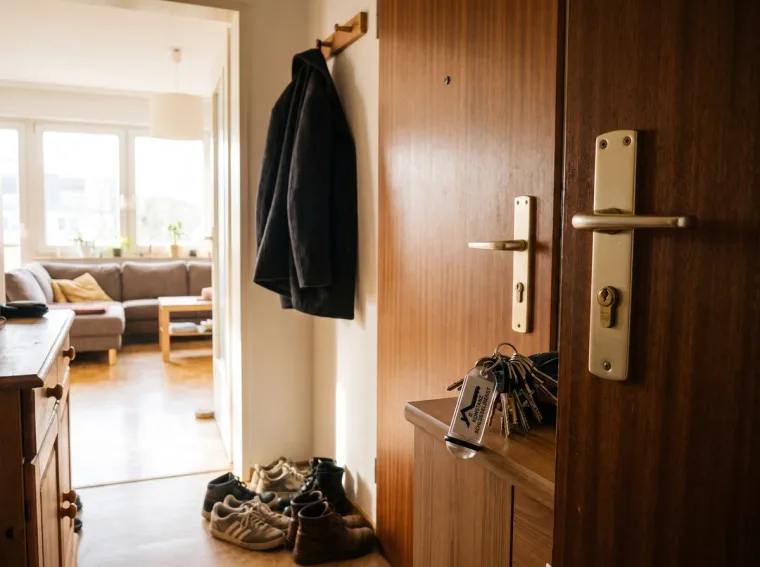 Blick aus der Wohnung auf die ins Schloss gefallene Tür, der Schlüsselbund liegt noch drinnen auf der Kommode