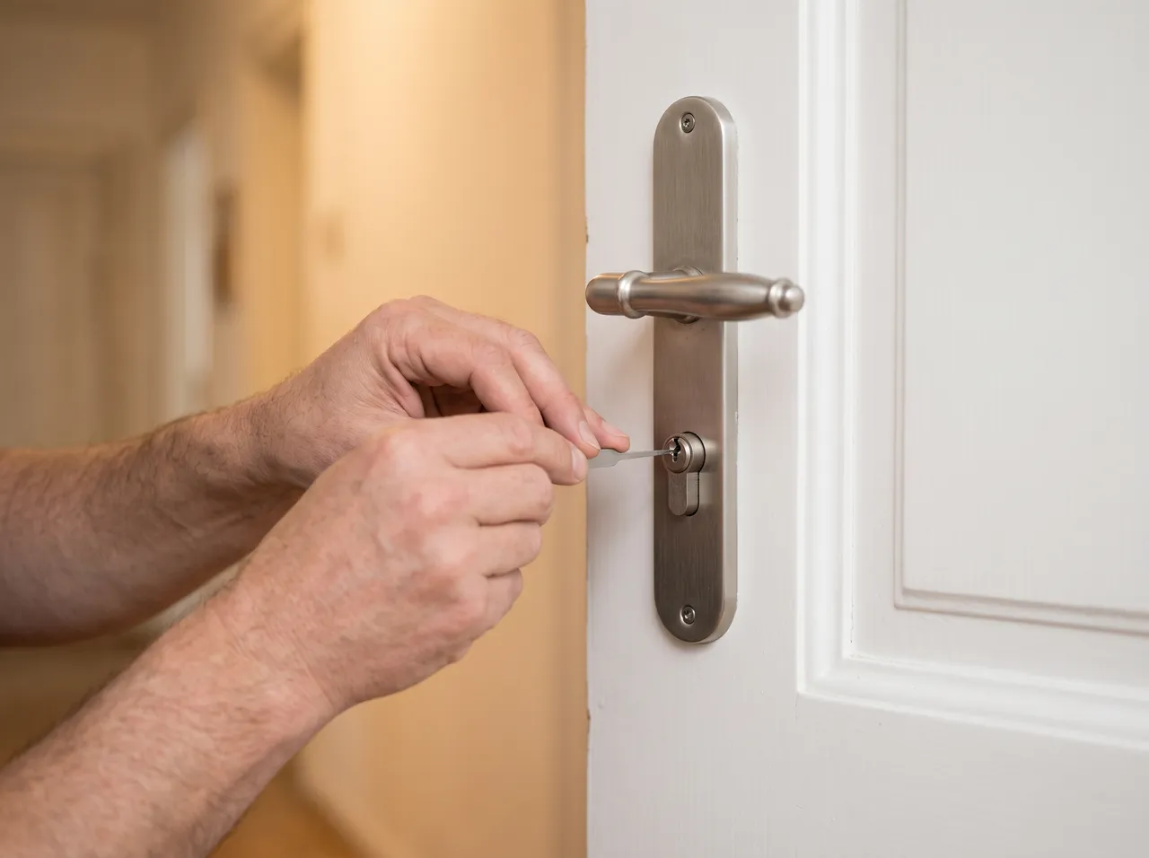 Schlüsseldienst öffnet den Profilzylinder einer Wohnungstür in Konstanz mit einem schmalen Öffnungswerkzeug, ohne die Tür zu beschädigen