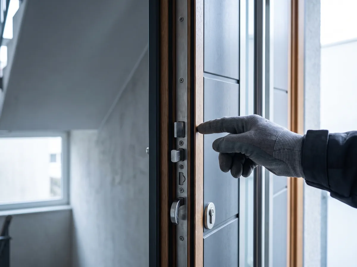 Wohnungstür mit Mehrfachverriegelung von der Falzseite: mehrere Riegel entlang der Türkante, ein Monteur zeigt darauf