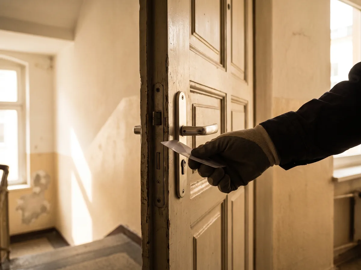 Zugefallene Wohnungstür wird mit einer dünnen Öffnungskarte an der Falle geöffnet, ohne das Schloss zu beschädigen