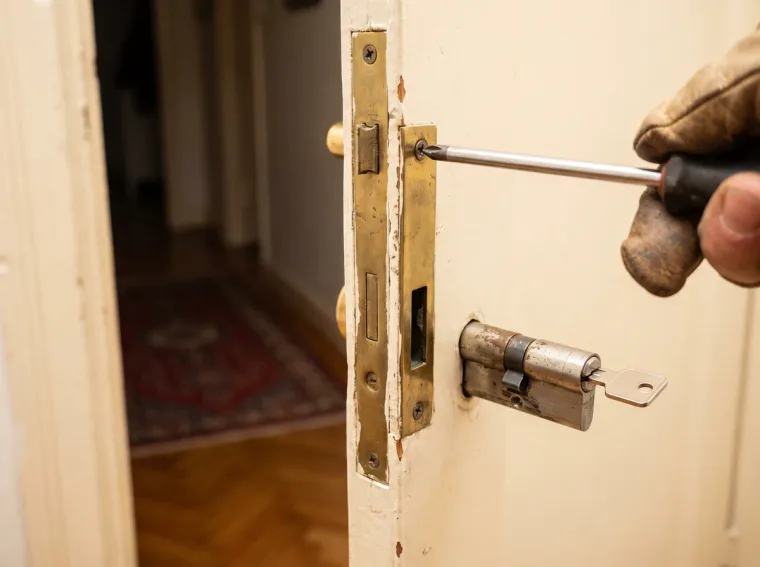 Hand mit Schraubendreher löst die Stulpschraube an der Kante einer offenen Wohnungstür, der Profilzylinder steckt mit Schlüssel halb heraus