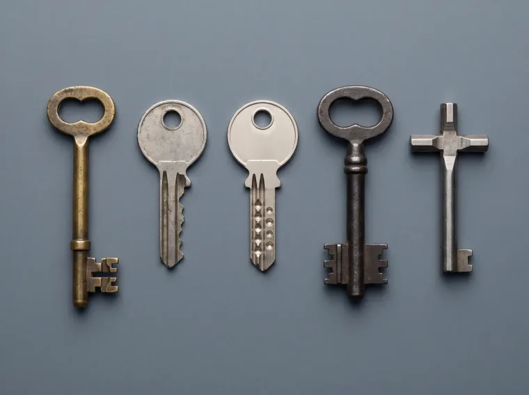 Fünf Schlüsseltypen nebeneinander: Buntbartschlüssel, Zackenschlüssel, Bohrmuldenschlüssel, Doppelbartschlüssel und Kreuzbartschlüssel